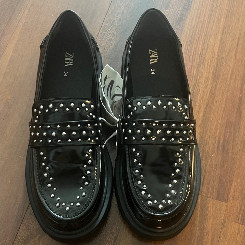 Zara Shiny Black Loafers with Silver Studs